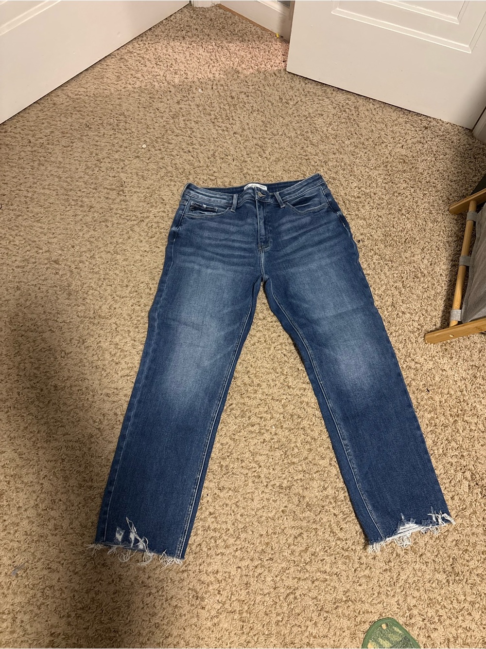 KanCan Dark Blue High-Rise Straight Leg Jeans with Frayed Hem